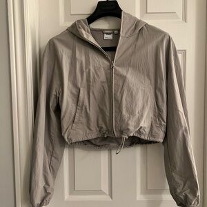 TNA Cropped Hooded Bomber Jacket in Taupe Gray